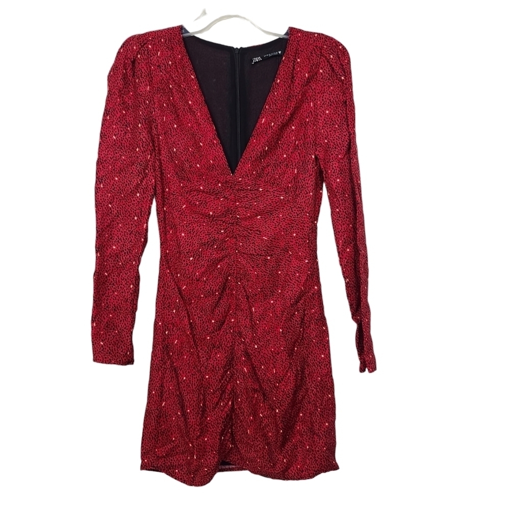 Zara V Neck Red Black Spotted Animal Print Long Sleeve Dress XS